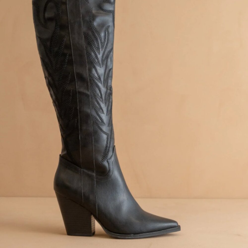 The Bronco High Top Black Leather Cowboy Boots
